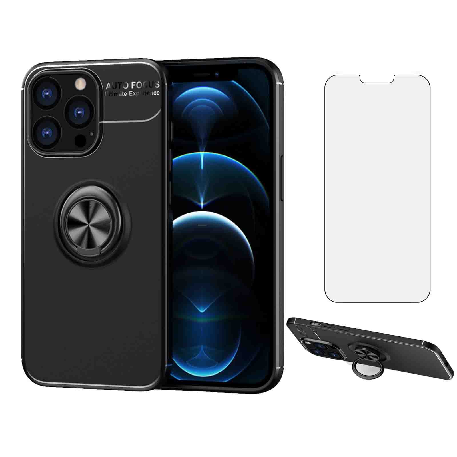 Asuwish Compatible with iPhone 13 Pro 6.1 inch Phone Case and Tempered Glass Screen Protector With Ring Stand Magnetic Kickstand Silicone iPhone13Pro 5G i i-Phone i13 iPhone13 13Pro Women Men Black