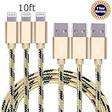 Jricoo 3pcs 10FT Lightning Cable Popular Nylon Braided Charing Cable Extra Long USB Cord for iphone 6s, 5SE, 6s plus, 6plus, 6,5s 5c 5,iPad Mini, Air,iPad5,iPod on iOS9.(gold+black).