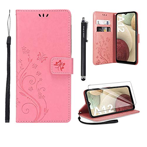 For Samsung Galaxy A12 Case and Screen Protector,Samsung A12 Wallet Case PU Leather with Card Slots Folding Stand Magnetic Scratch-proof Protect Flip Cover Compatible with Samsung Galaxy A12(Pink)