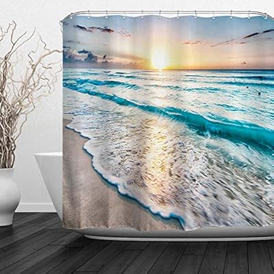 Baccessor Tropical Sea Beach Ocean Waves Shower Curtain with Hooks, Seaside Scene Island Hawaiian Sunrise Beach Theme… 51 vOehOKKL