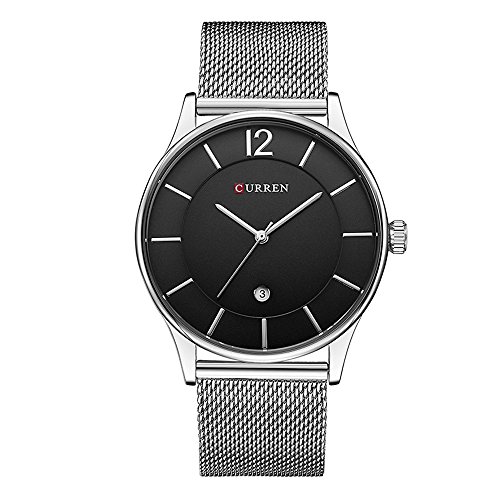 CURREN Men Analog-Quartz Watch Ultra-Thin Dail Calendar Stainless Steel mesh Band Wristwatch Valentine's Day Gift for him 8231 (White-Black)