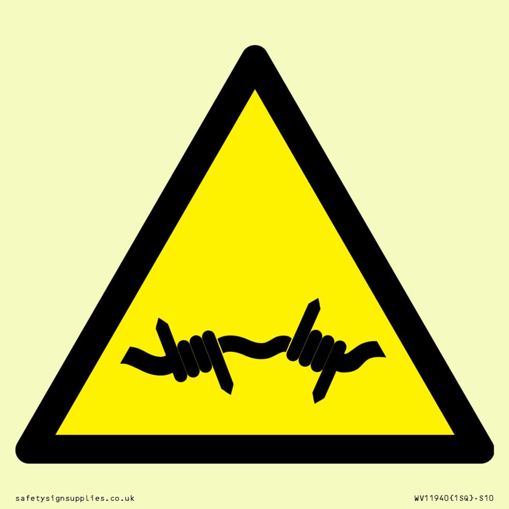 W033 Warning: Barbed wire Sign - 100x100mm - S10