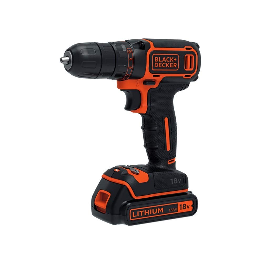 Black & Decker BDCDC18KB-QW BDCDC18KB-QW-Taladro Atornillador 18V con 2 baterías 1,5Ah y maletín, 18 V, Set of 5 Pieces
