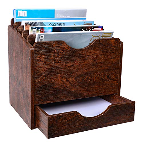 PAG Wood Desktop File Holder Organizer Mail Sorter with Drawer, for