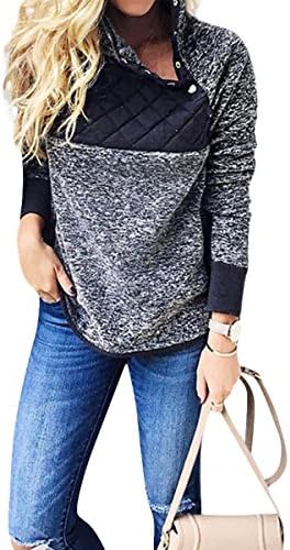 Riojay Women's Stand Collar Oblique Buttons Casual Long Sleeves Splice Fleece Pullover Size XL (Blue)