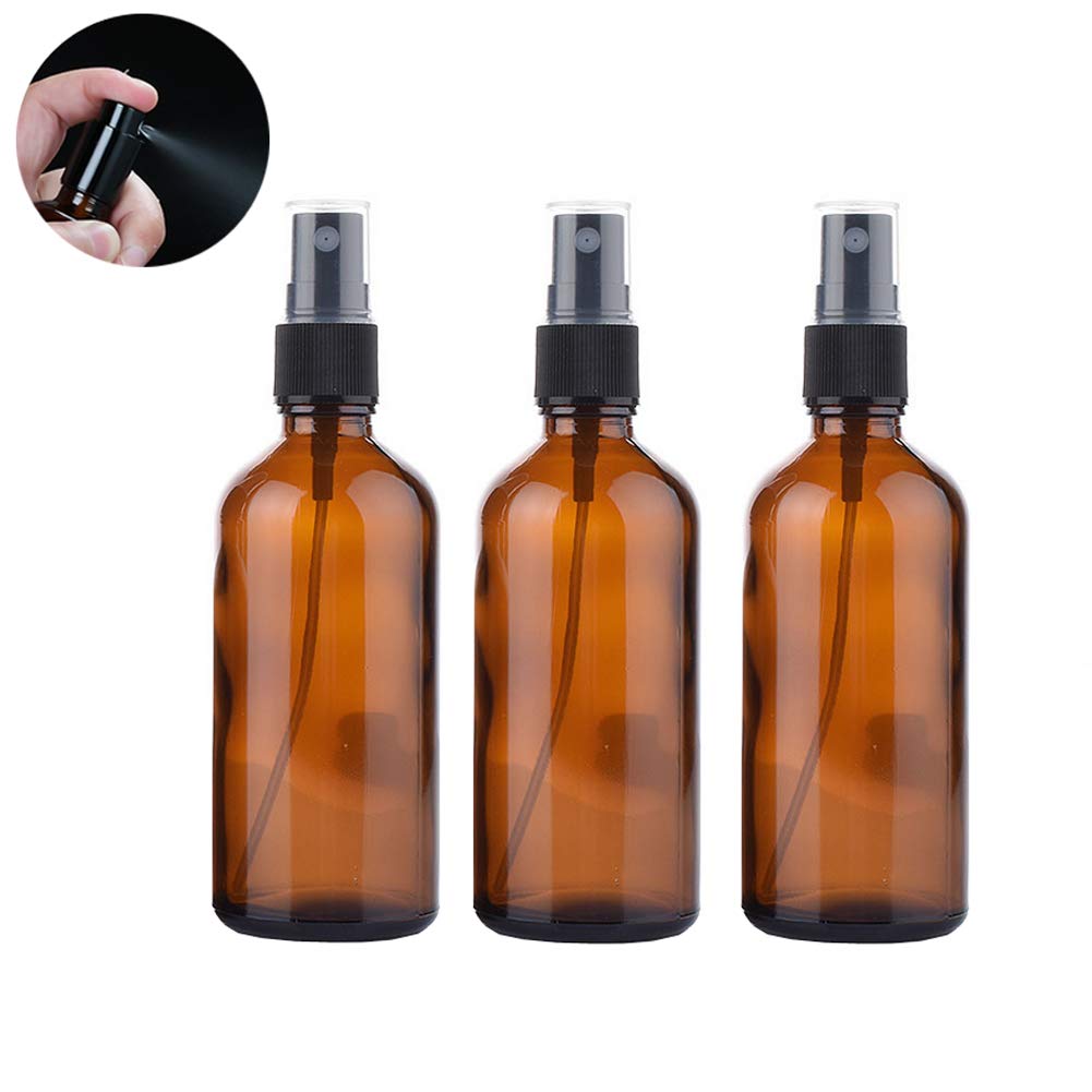 ericotry 3PCS 100ml/3.34oz Refillable Empty Amber Glass Spray Bottle Sprayers Liquid Container Travel Makeup Sample Lotion Essential Oil Containers