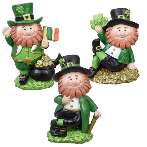St. Patrick's Day Polyresin Leprechaun Figurines, 4 in.Assorted Among 3 Designs Shown - 3 ct