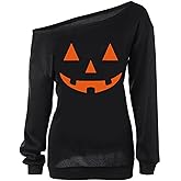 lymanchi Women Slouchy Shirts Halloween Pumpkin Long Sleeve Sweatshirts Pullover
