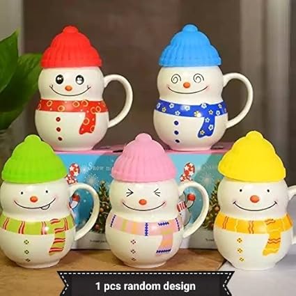 Satyam Kraft Ceramic Snow Man Mug With Silicon Lid Cover(1 Piece) For Kids Mug 300 ml