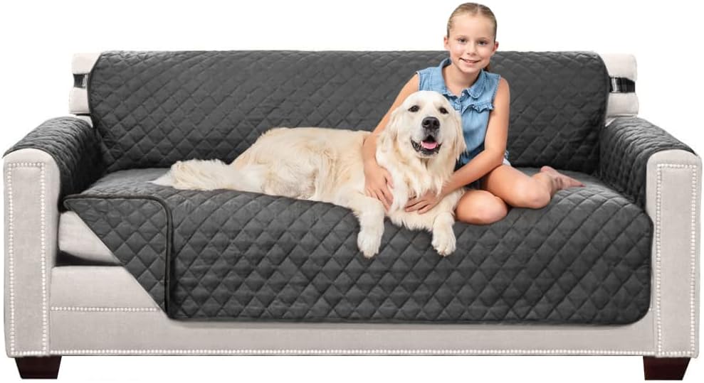 Slipcovers - Sofa Shield Patented Couch Slip Cover, Large Cushion Protector, Reversible Stain and Dog Tear Resistant Slipcover, Quilted Microfiber 70” Seat, Washable Covers for Dogs Pets Kids, Charcoal