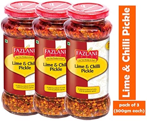 FAZLANI FOODS Instant Ready to Eat Lime and Chilli Pickle - Pack of 3, 300g (Nimbu Mirch Achar) USDA Approved, Non-GMO, Gluten-Free, No Artificial Colors / Flavours | Natural, Healthy and Tasty