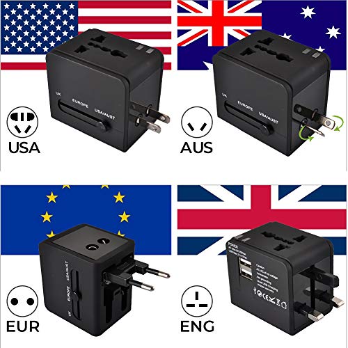 Travel Adapter, Universal Travel Adapter AC Power Plug Adapter with Dual USB Charging Interface for US UK, Europe Australia Asia, etc, Compatible with Mobile Phones and Laptops (Black)