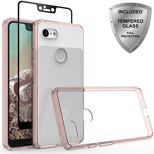 Google Pixel 3 XL Case with Tempered Glass Screen Protector, ChangeJ Shock Absorption Slim Clear Flower case for Google Pixel 3 XL (Pink)