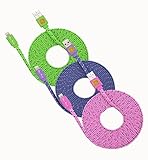 3 Pack 10ft Durable Hi-Speed Braided Flat Noodle Lightning USB SYNC Cable Charger Cord for iPhone 6, 6 Plus, 5, 5C, 5S, iPad 4, iPad Mini, Ipad Air, Air 2, iPod Touch 5th Gen, Nano 7th Gen, Support Latest IOS, 8-pin to USB - (green, purple, pink)