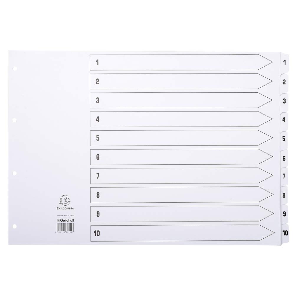 Exacompta - Ref MWD1-10A3Z - Mylar Printed Indices - For Use WithA3 Documents, Pre-Punched, 160gsm White Card with Reinforced Plastic Tabs, FSC-Certified - 10-Part Dividers (1-10) — image 1