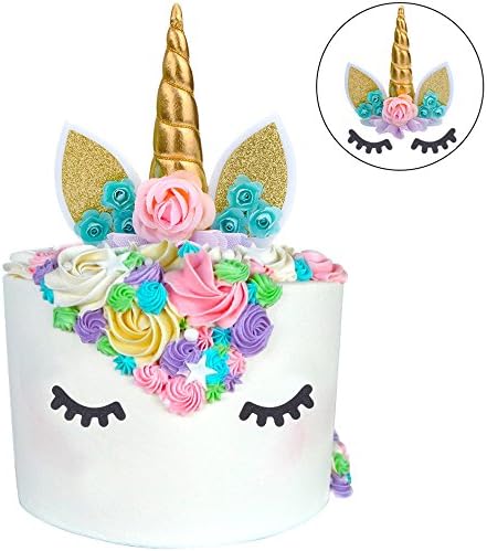 Unicorn Cake Topper Unicorn Party Supplies Unicorn Horn Ears Unicorn Party Decoration with Flowers for Unicorn Themed Party,Birthday Party (Flowers Unicorn Cake Topper with Eyelashes-Gold)