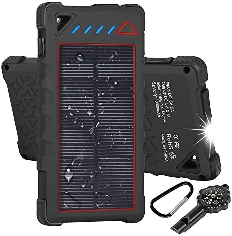 Hobest Solar Charger 10000mAh,Water-resistant Outdoor Solar Power Bank with LED Flashlight,Dual USB Portable Charger Solar for Smartphones,GoPro Camera,GPS and Emergency Travel (Red)