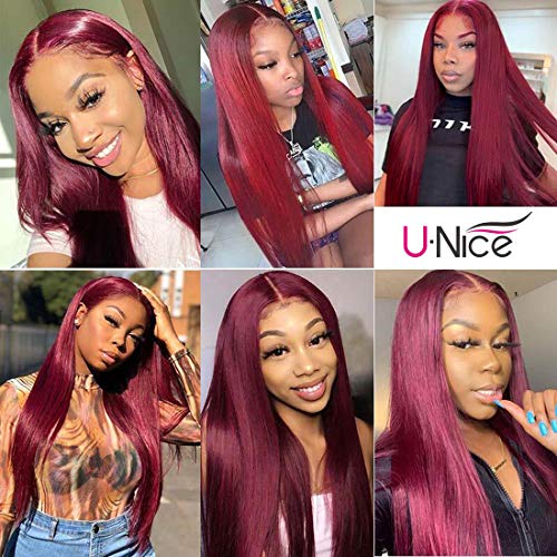 Unice-Hair-Straight-Burgundy-T-Part-Lace-Closure-Human-Hair-Wigs-Red-Color-Middle-Part-Brazilian-Virgin-Hair-Silk-Base-Fake-Scalp-Pre-Plucked-99J-Wig-for-Black-Women-150-Density-16-inch
