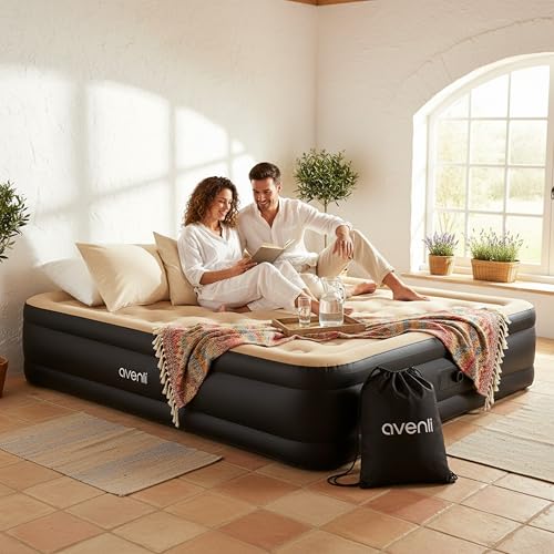 AVENLI Matelas Gonflable 2 Personnes 203x157x47 cm, Lit Gonflable Autogonflant Double avec Pompe Électrique Intégrée, Matelas pour Camping & Lit d'Appoint, Coil-Beam, Beige