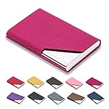 Business Name Card Holder Luxury PU Leather & Stainless Steel Multi Card Case,Business Name Card Holder Wallet Credit Card ID Case/Holder for Men & Women - Keep Your Business Cards Clean (Rose red)