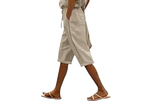 Puimentiua Women Linen Shorts Casual Knee Length Bermuda Shorts with Hollow Side Summer Beach Lightweight Capri Pants