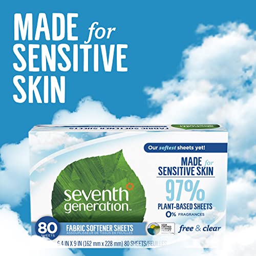 Seventh Generation Dryer Sheets Laundry Fabric Softener, Free & Clear Made for Sensitive Skin, 80 Sheets