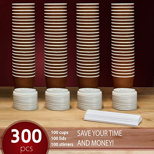Insulated Disposable Coffee Cups with Lids & Straws 12 oz, 100 Packs - Paper Cups for Hot Beverage Drinks To Go Tea Coffee Home Office Car Coffee Shop Party - FDA Approved (brown) - Thumbnail 5