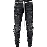 IDEALSANXUN Mens Ripped Stretch Jeans Casual Slim Fit Distressed Plaid Pattern Skinny Biker Jeans