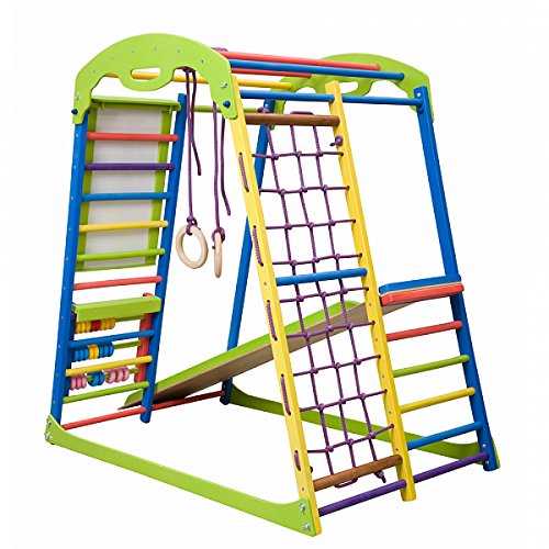 Dani LLC Indoor Wooden Playground for Kids SportWood Indoor Gym Sets Up Climbing Ladder Swing Slide and Rings (SportWood Plus)