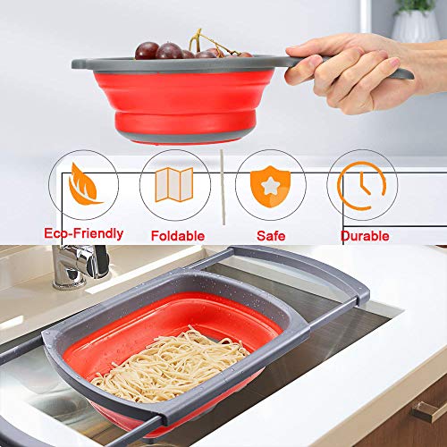 Huanlemai 3-Packs Red Kitchen Collapsible Colander Set with Extendable Handles Over The Sink - BPA Free Silicone Folding Strainer for Draining Pasta, Vegetable, Fruit (6qt, 4qt, 2qt)