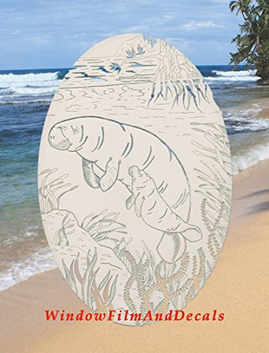 Oval Manatee Etched Window Decal Vinyl Glass Cling - 8" x 12" - White with Clear Design Elements