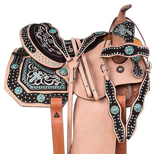 Manaal Enterprises Premium Leather Western Horse Saddle Tack Get Matching Leather Headstall, Breast Collar, Reins Size 14 to 18 Inches Seat Available (15″ Inch Seat, Blue)