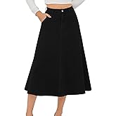 HUSKARY Women's Stretchy High Wasited A Line Long Maxi Jean Skirt Below Knee Length Flared Midi Denim Skirts with Pockets