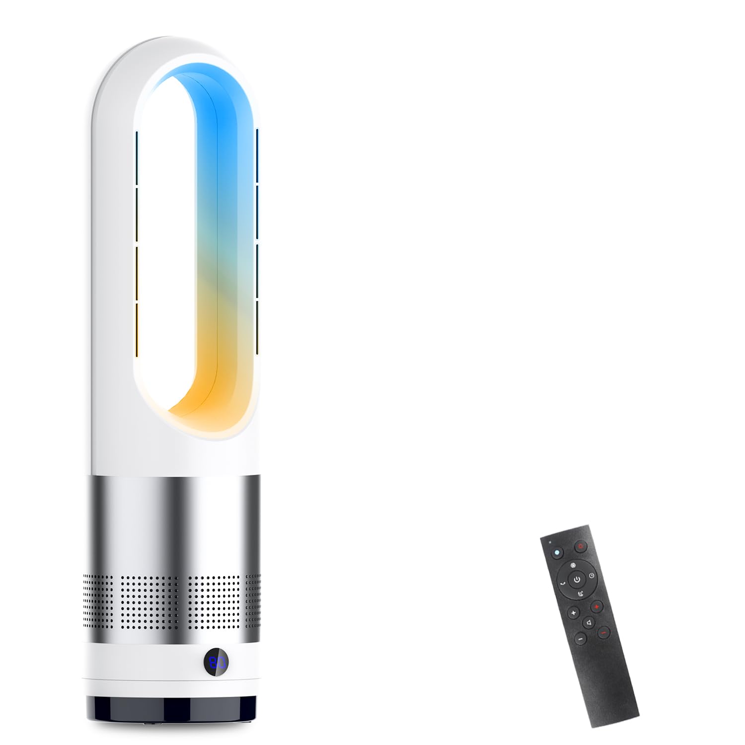 【2025冷暖兼用】扇風機 羽なし タワーファン 8段階冷風＆3段階温風切替 左右100°首振り 9Hタイマー機能 温風 冷風 広範囲送風 羽根なし型 リビング扇風機 強力 大風量 リモコン付 1400W 暖風送風 ファンヒーター 過熱保護 転倒安全装置 即暖 省エネ 節電 子供部屋/リビング/寝室/書斎/キッチン/脱衣所/洗面所/トイレ/オフィス用 日本語説明書 PSE認証済み ホワイト商品画像