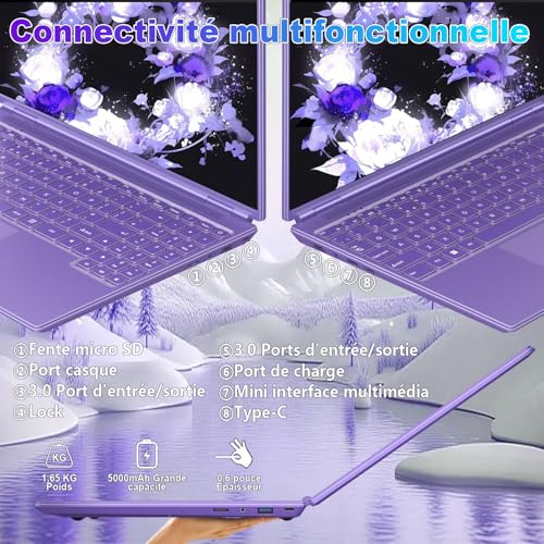 NOTODD Laptop 16'' 12+512GB SSD Support Extension 2TB (HDD-2TB) Celeron N5095 (up to 2.9GHz) 1920x1200 PC Laptop Gamer Win11 Laptop with Type-C HDMI AZERTY Keyboard Cover-Purple