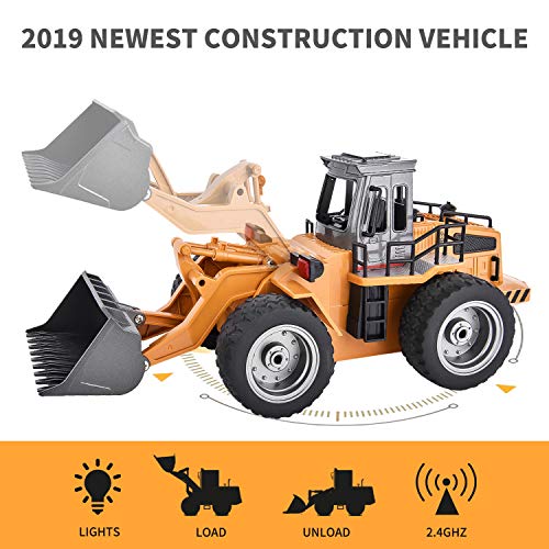 Yuboa Remote Control Truck RC Front Loader,RC Bulldozer Metal 6 Channel RC Tractor 2.4Ghz 4WD Construction Vehicle RC Truck Front End Loader Toy Present for Kids Boys Yellow