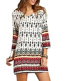 Oyanus Womens Bohemian Neck Tie Floral Printed Ethnic Style Shift Casual Dress