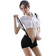 YOMORIO Womens Naughty Schoolgirl Cosplay Lingerie Sexy Uniform Suspenders Shorts with Underboob Shirt
