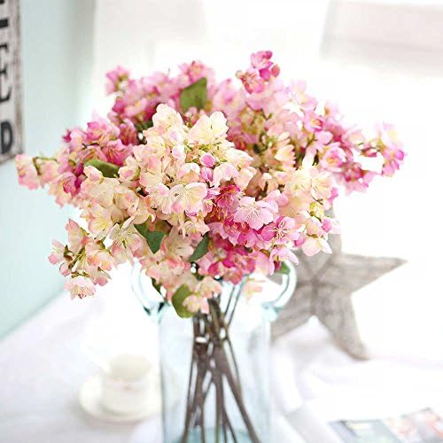 Artificial Flowers, Fake Flowers Silk Artificial Cherry Blossom Bridal Wedding Bouquet for Home Garden Party Wedding Decoration 3 Pcs (Red & Light Pink)