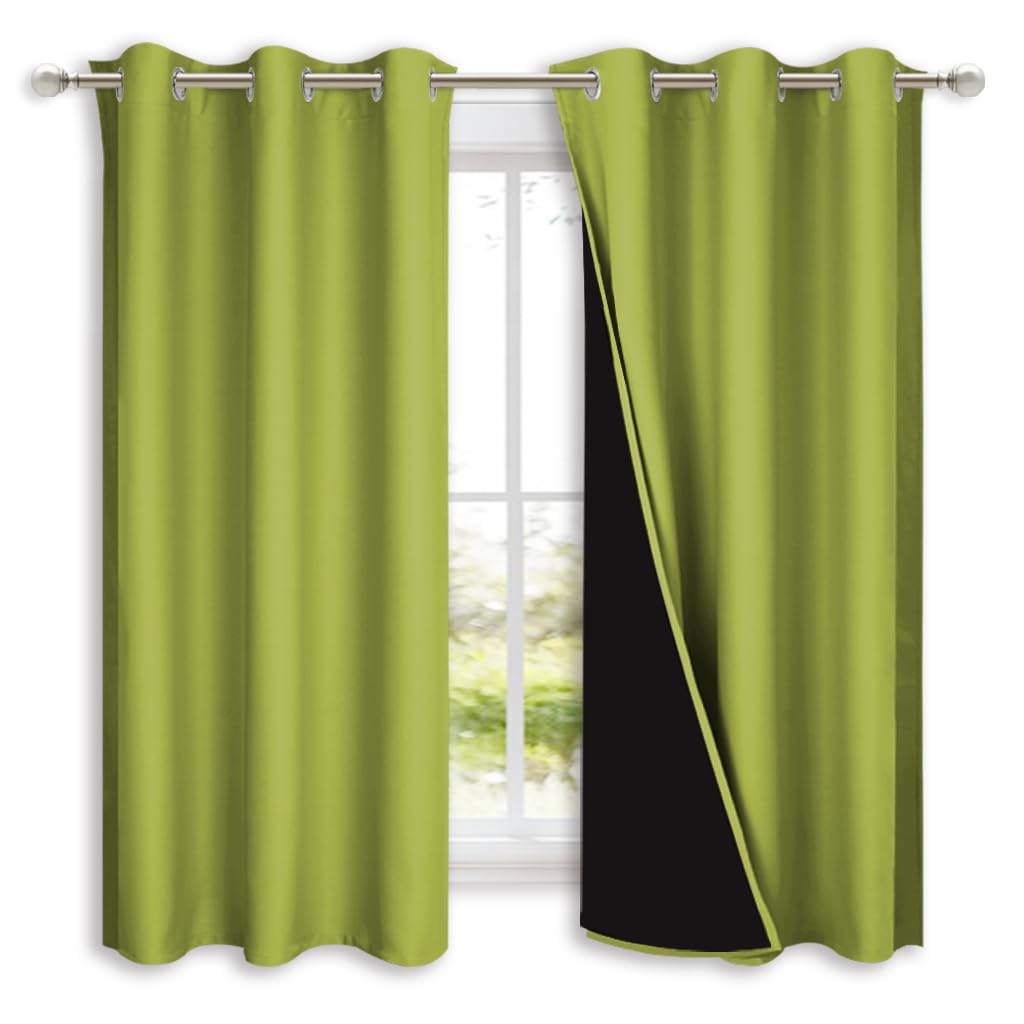 NICETOWN 100% Blackout Curtains 54 inches Long, Fresh Green, 1 Pair, 42 inches Width Each Panel, Double-Deck Completely Blackout Window Treatment Thermal Insulated Lined Drapes for Small Window Image