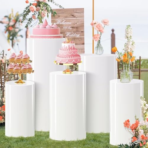 gresonic Set of 5 Hexagonal Wedding Pedestal Decoration Bases, Cake Round Flower Pedestal Stand Plinth Pillars for Wedding Bridal Shower Birthday Decoration (White) (Pack of 5)