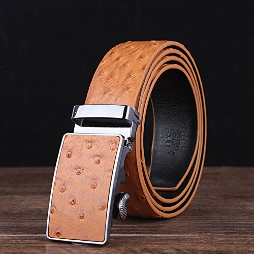 Sumcoa Men's Ostrich Skin Embossed Pattern Automatic Buckle Genuine Cow Leather Belts Ratchet Belt 35mm Wide Color Light Brown
