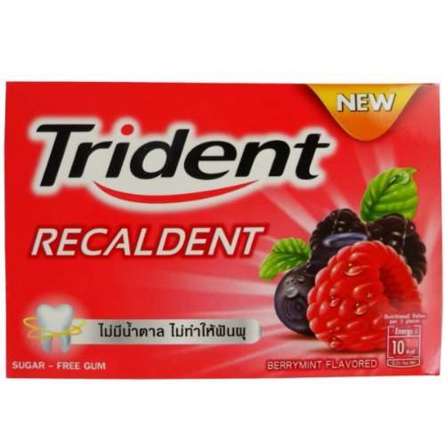 Trident Recaldent Chewing Gum Berrymint Flavored Sugar Free Dental Health Net Wt 12.6 G (9 Pellets) X 10 Boxes