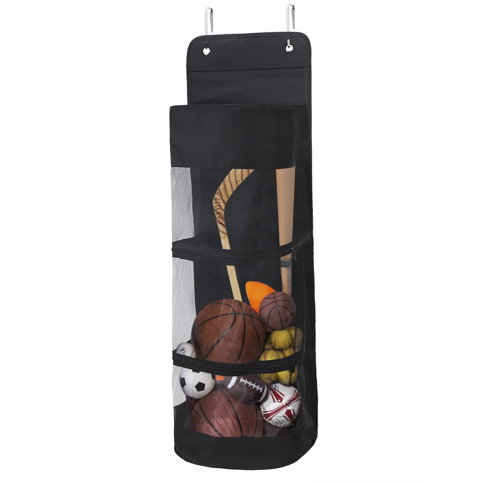 Large Hanging Basketball Bag Over the Door Heavy Duty Sports Equipment Organizer Mesh Pocket Zipper Design Rackets Balls Storage Bag Save Floor Space Room Door Hanging Sack with 2 Metal Hooks