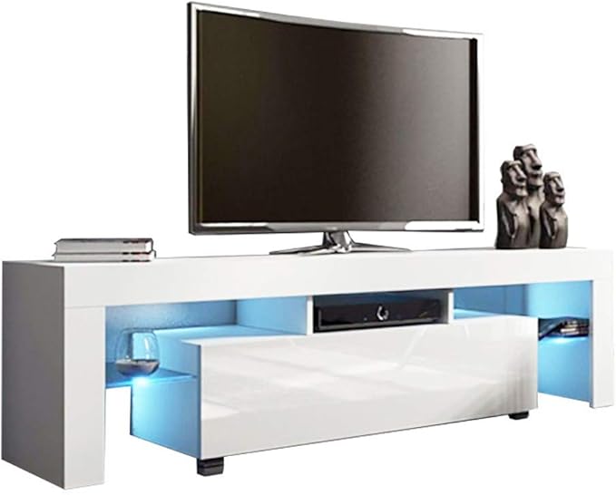 Weißer TV-Ständer mit Beleuchtung, moderner LED-TV-Ständer mit Stauraum