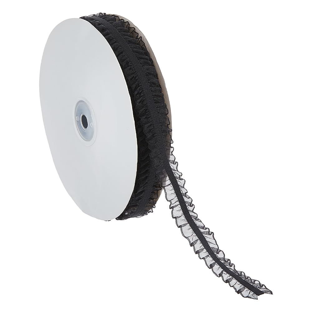 Hobbspring 15 Yards Elastic Stretch Ruffled Trim Black Double Ruffle Lace Trim 3/4 inch(20mm) Wide Fabric Lace Trim Band for Sewing Dress Decoration and Gift Wrapping