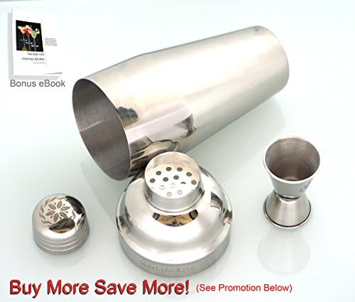 Cocktail Shaker / Martini Set, 24 Ounces, Built-in Strainer, Double Size 1 and 1/2 Ounce Jigger, Stainless Steel Kit, Free (e-Book) Cocktail Recipes
