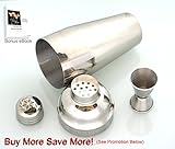 Cocktail Shaker / Martini Set, 24 Ounces, Built-in Strainer, Double Size 1 and 1/2 Ounce Jigger, Stainless Steel Kit, Free (e-Book) Cocktail Recipes