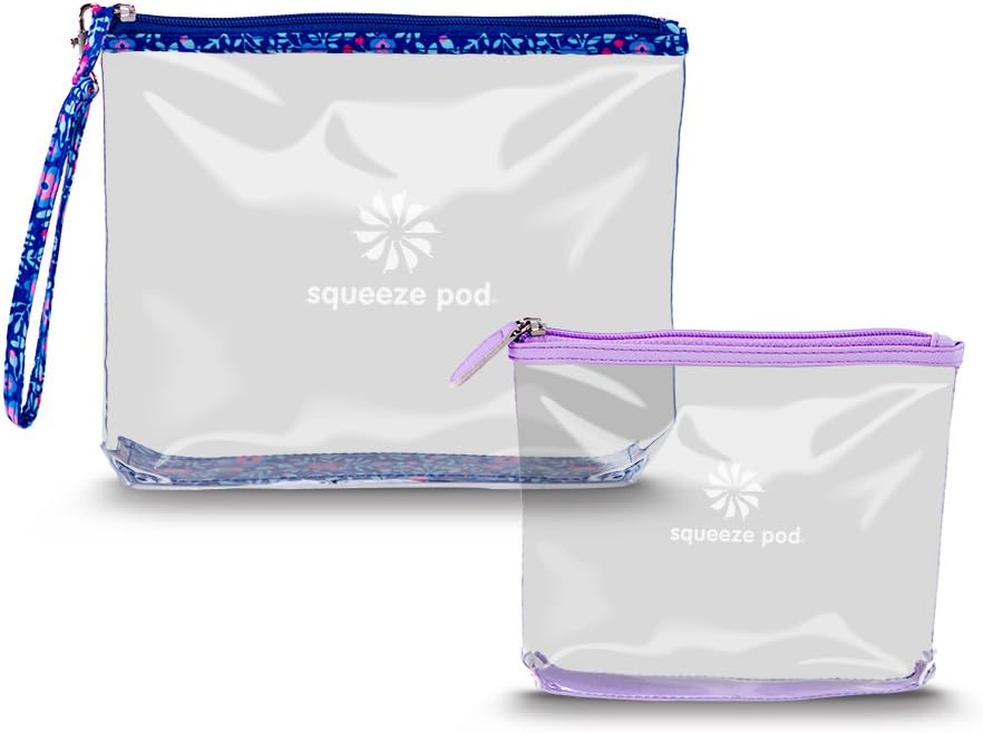 Squeeze Pod Best Clear Travel Toiletry 2 Bag Bundle - 1 TSA Approved Clear Quart Size Bag w/Purple Trim + 1 Clear Hanging Bag w/Flower Trim. Built to Survive Tough Travel. (CTBMSFP)