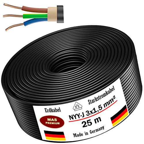 MAS Premium Erdkabel Stromkabel 5m, 10m, 20m, 25m, 50m oder 100m NYY-J 3x1,5 mm² Elektrokabel Ring zur Verlegung im…